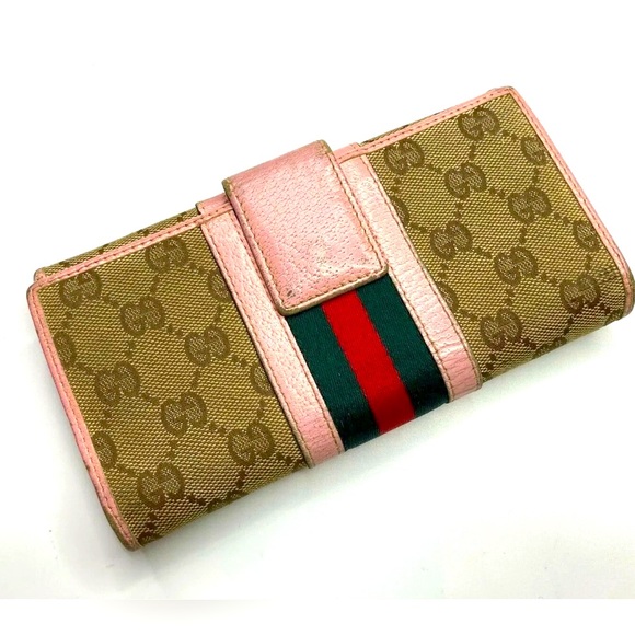 GUCCI VINTAGE SHERRY GUCCISSIMA CANVAS LEATHER WALLET PINK - Picture 2 of 10
